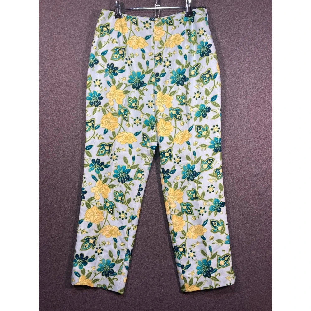 Ann Taylor Petites Blue Floral 100% Silk Straight Leg Pants‎ Size 2P Side Zip